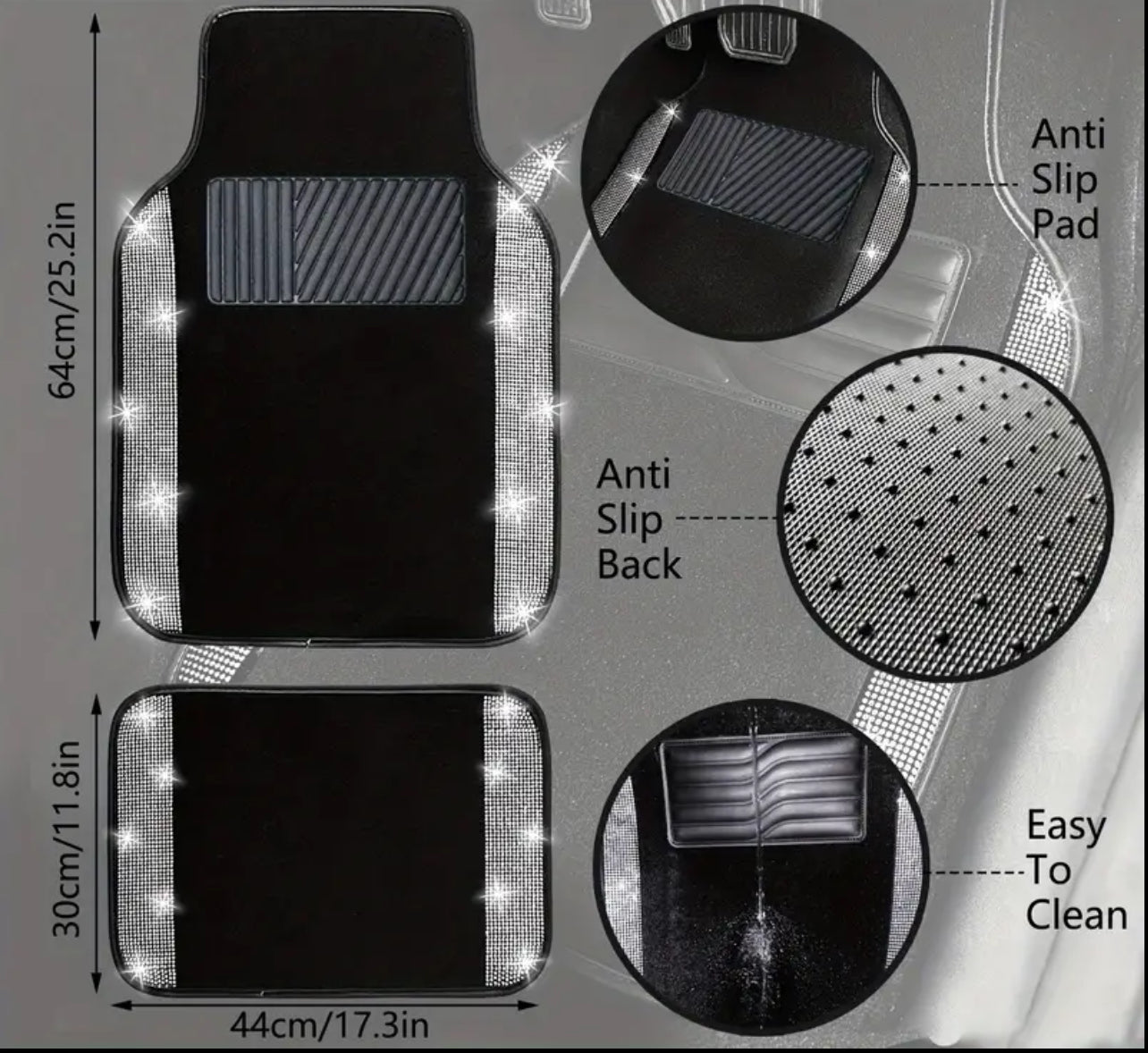 Tapet për dysheme Bling komplet i plotë, Universal i përshtatshëm për shumicën e makinave, SUV, kamionë, 4 copë Tapet me diamant artificial me shkëlqim vezullues për vajzat gra me jastëk kundër rrëshqitjes