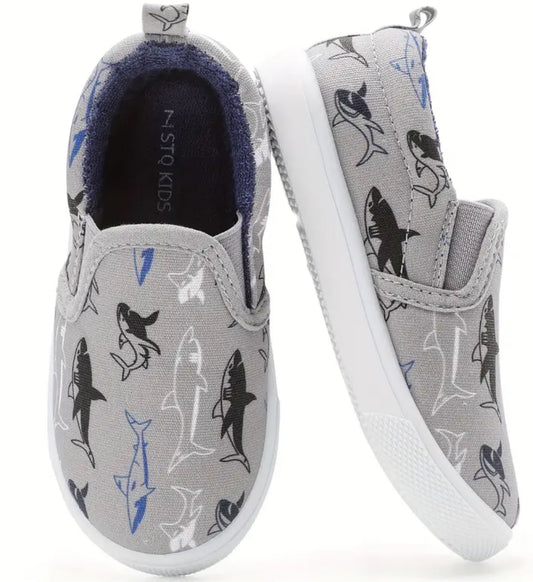 “Sharks, Monsters & Friends” Low Top Canvas Shoes For Boys, Lightweight Non-slip Sneakers