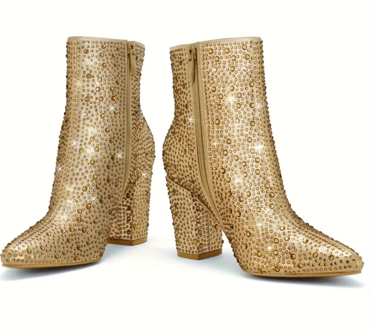 Botas de tacón grueso con punta puntiaguda y diamantes de imitación para mujer y adolescente