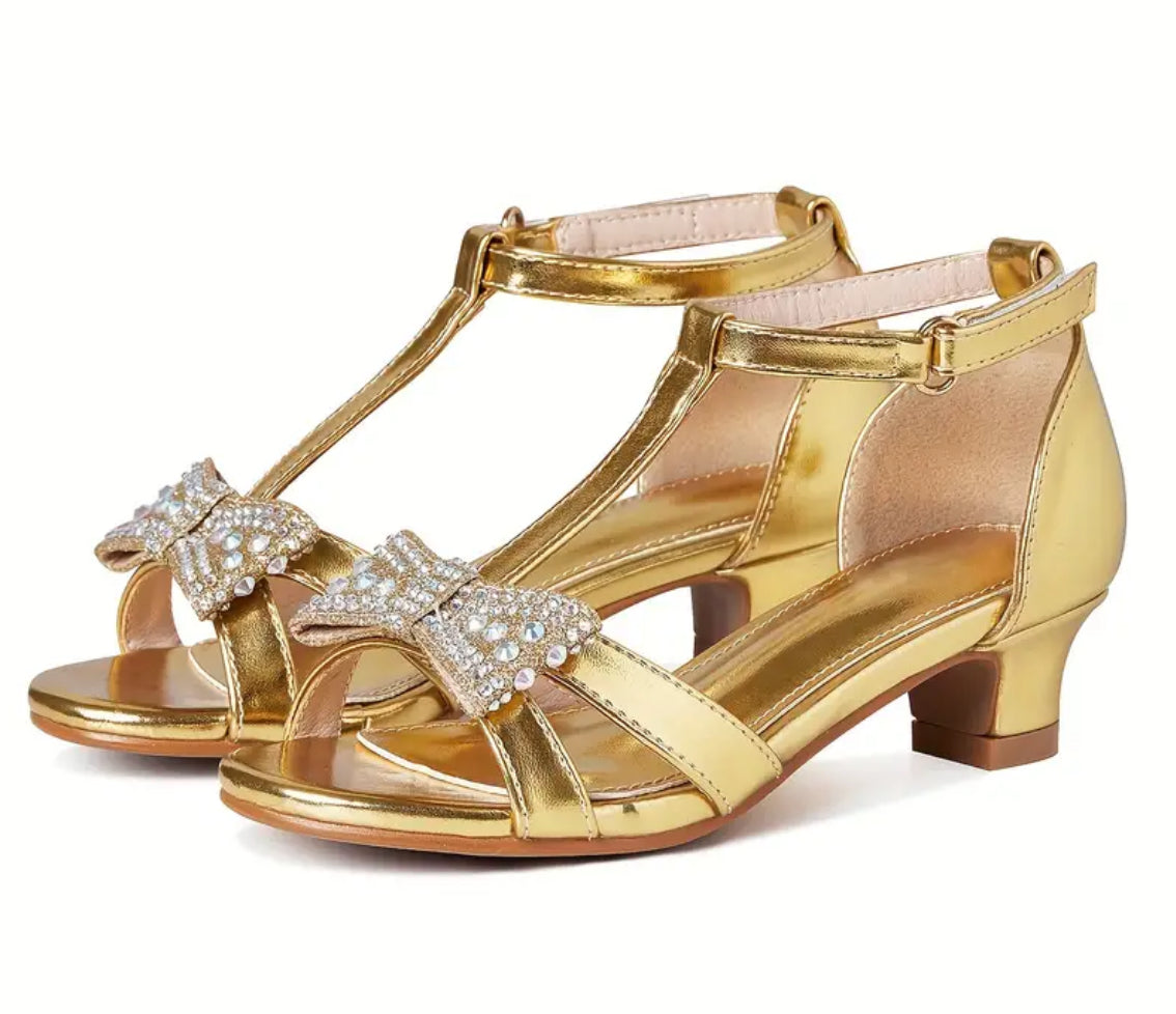 Girls Low Heels, Glittler Bow, T Strap Sparkle, Open Toe