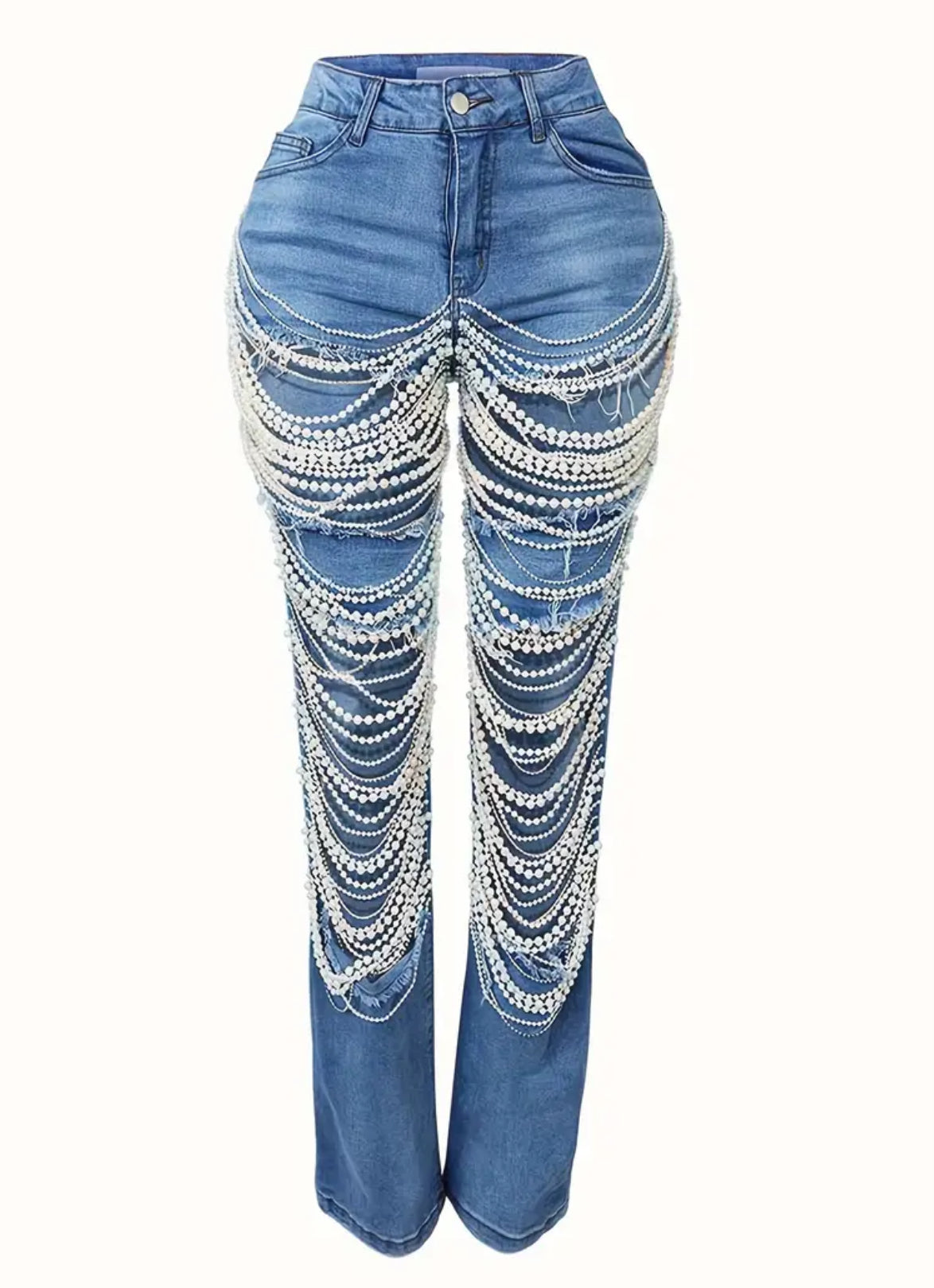 Pearl Chain, Boyfriend Denim Jeans, Straight Leg, Mid-Rise, Distressed Ripped