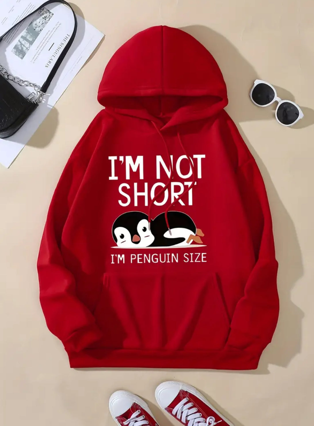 “I’m Not Short” Penguin, Casual Comfy Kangaroo Pocket & Long Sleeves Hoodie Sweatshirt, Women’s S-2XL