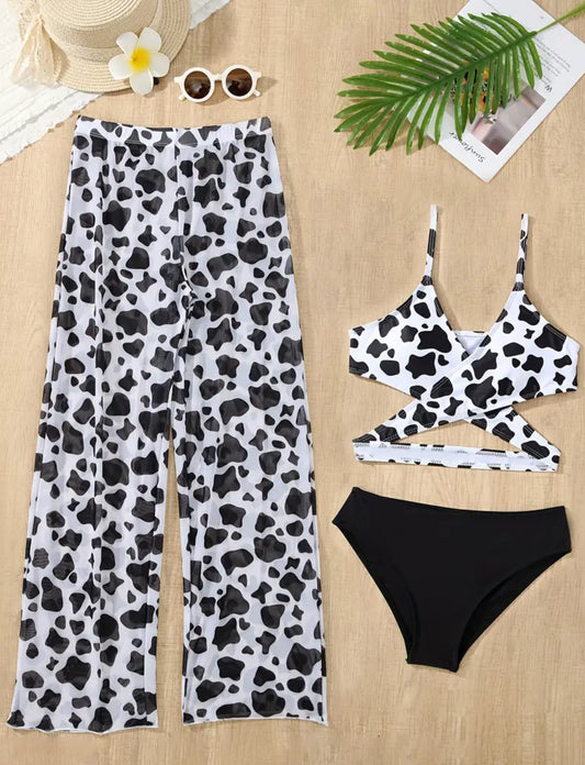 Conjunto de bikini de 2 piezas con estampado de leopardo y pantalones a juego para niñas