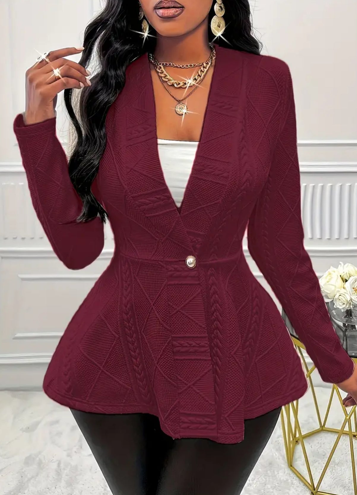 Plus Size Elegant Solid Textured Single-Breasted Long Sleeve Blazer - Flattering Fit, Versatile, and Chic