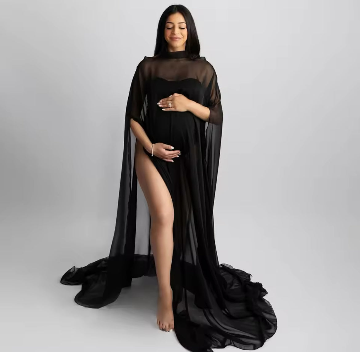 Vestido tipo capa de gasa negra translúcida para fotografía de maternidad