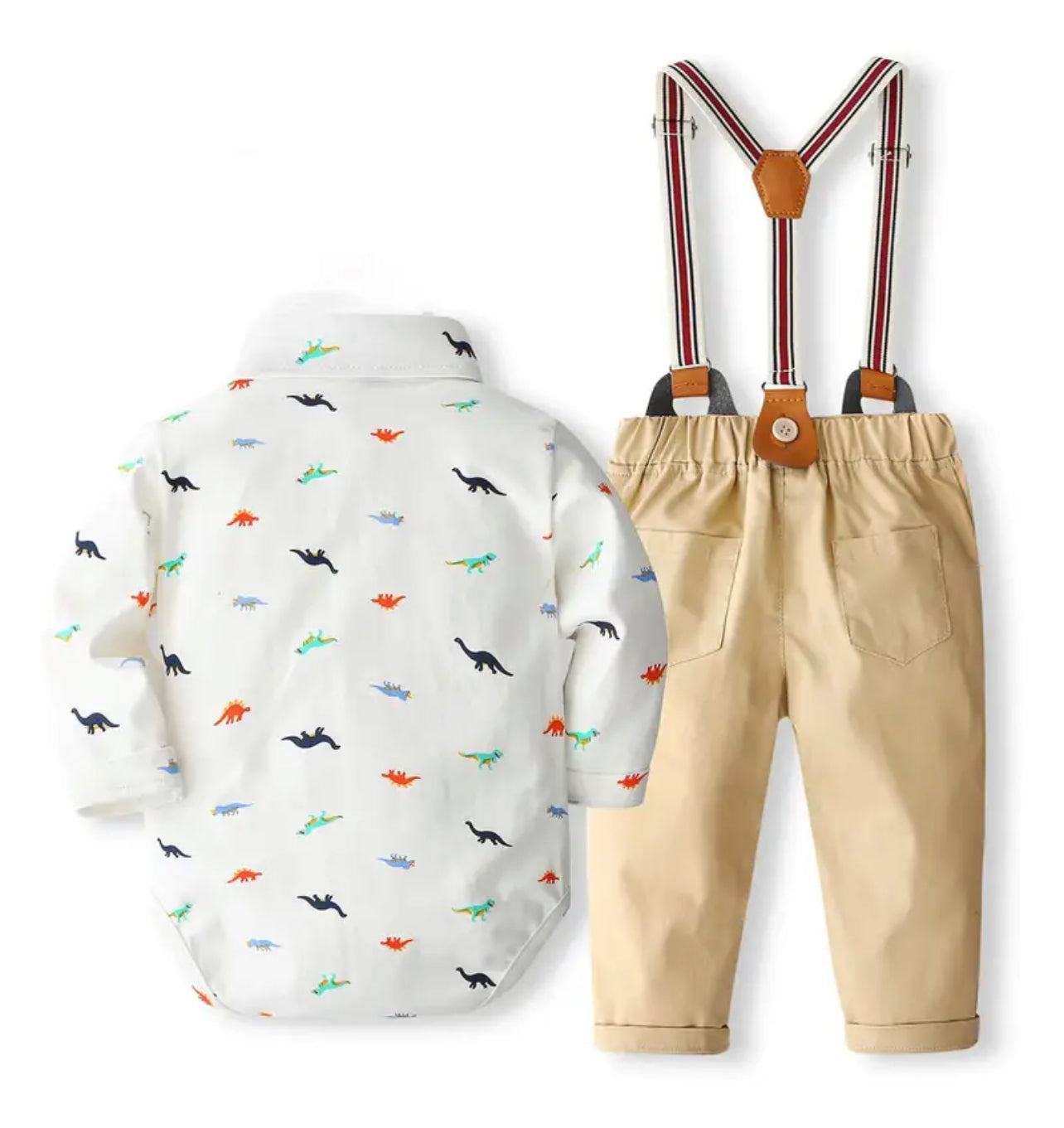 Dino🦕 2pcs Baby Boy's Gentleman Jumpsuit Outfit with Bowtie Shirt and Overalls Set