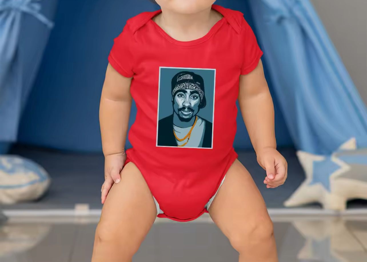 “Tupac” Rapper Dark Colors Pop Art, Hipster Infant Onesie, Boy+ Girl