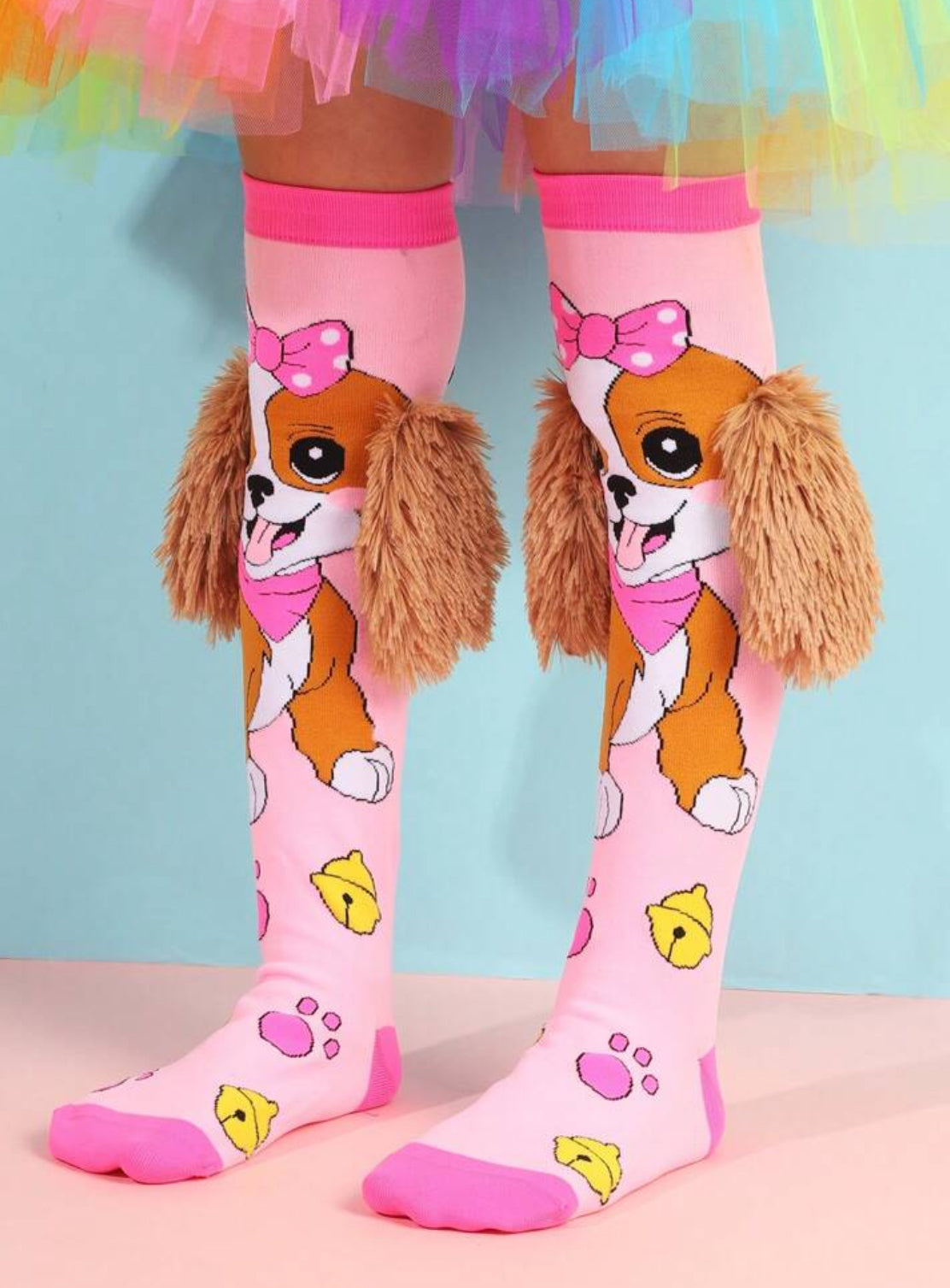 “Puppy & Unicorn Love” 💕 🐾 Pink Cute Little Dog Knee High Socks, 1 Pair