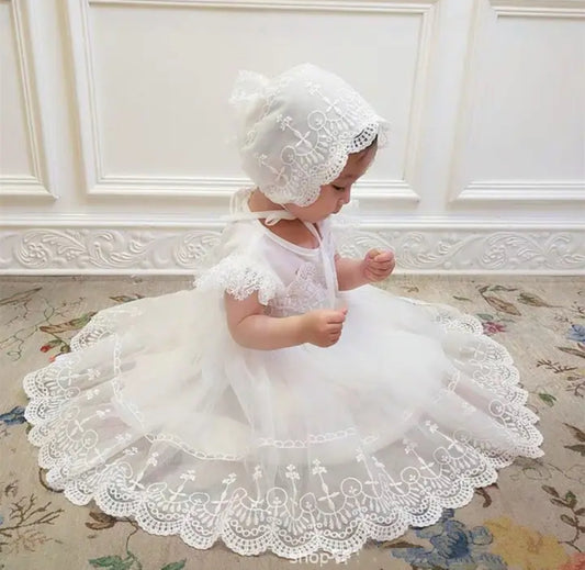 Glam ✨ Baby, Elegant Girl Embroidery Flower Beaded White Gown