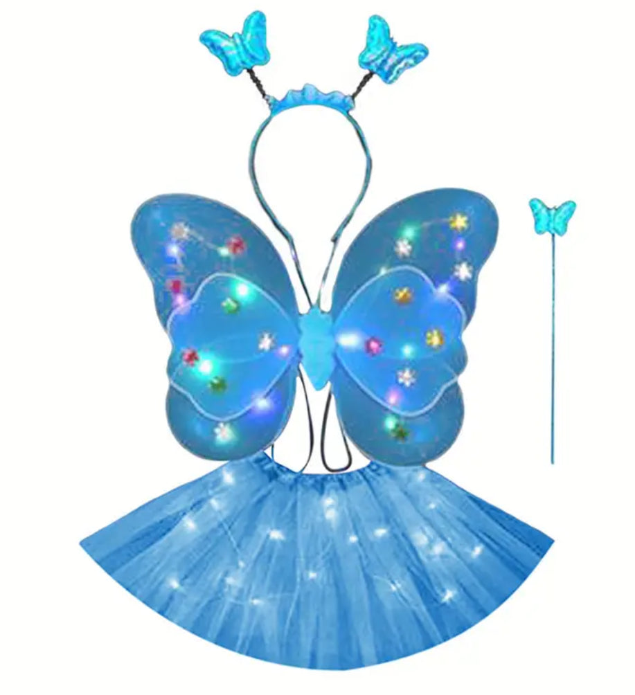 Girl's LED Fairy Costume Set, Butterfly Wings + Tutu Skirt Headband, Wand, 3Y-14Y