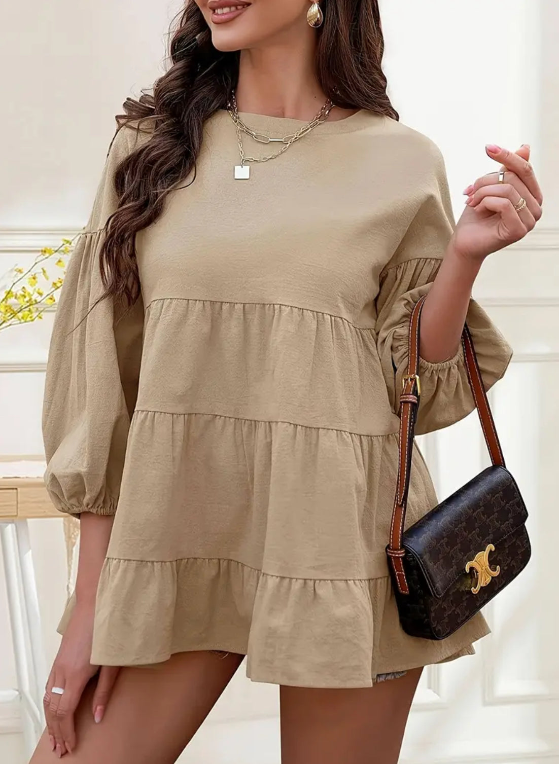 Women's ‘Babydoll’ Peplum Lantern Sleeve Crewneck Loose Dress