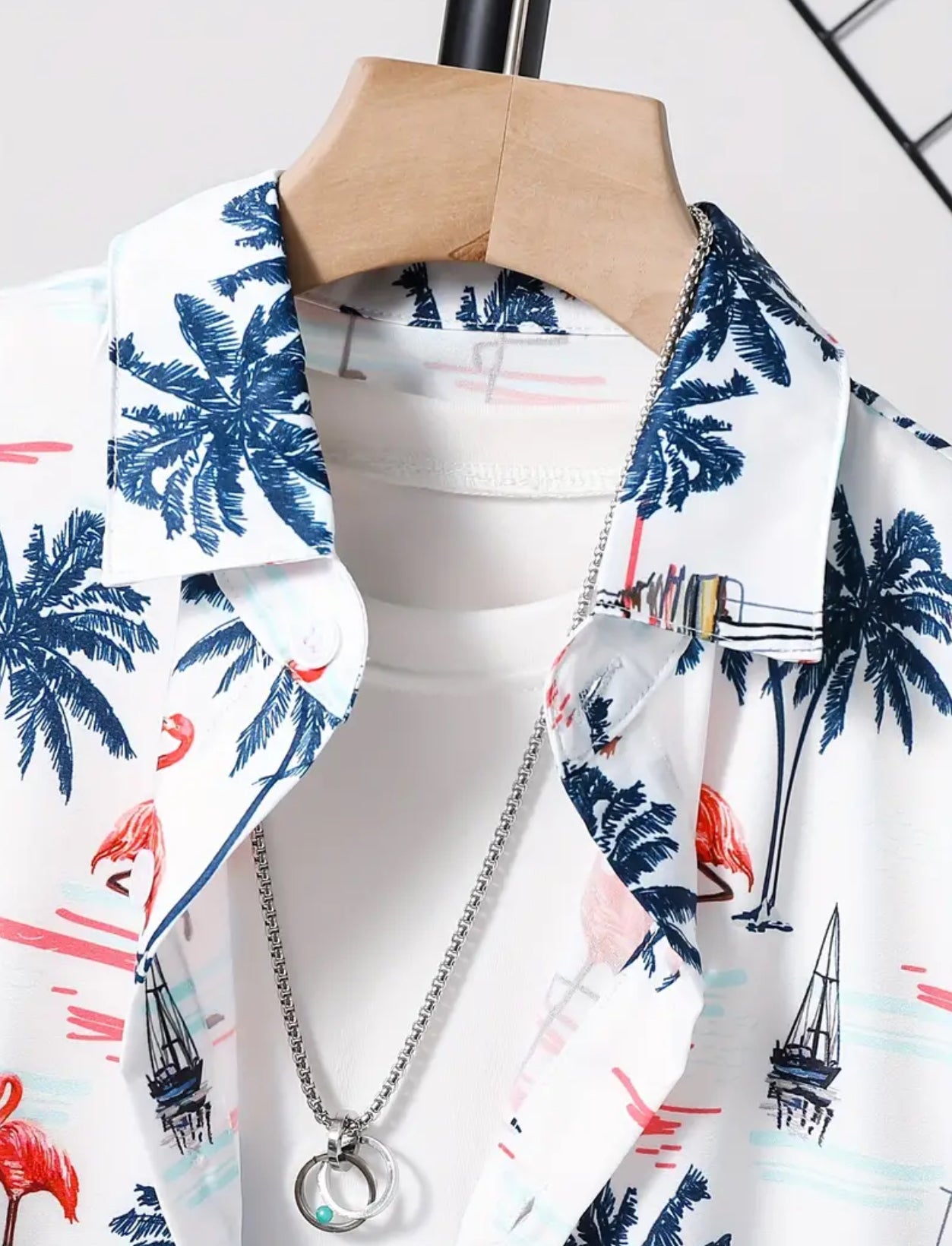 Stylish Flamingo And Coconut Tree, Short Sleeve Lapel Shirt & Shorts Set