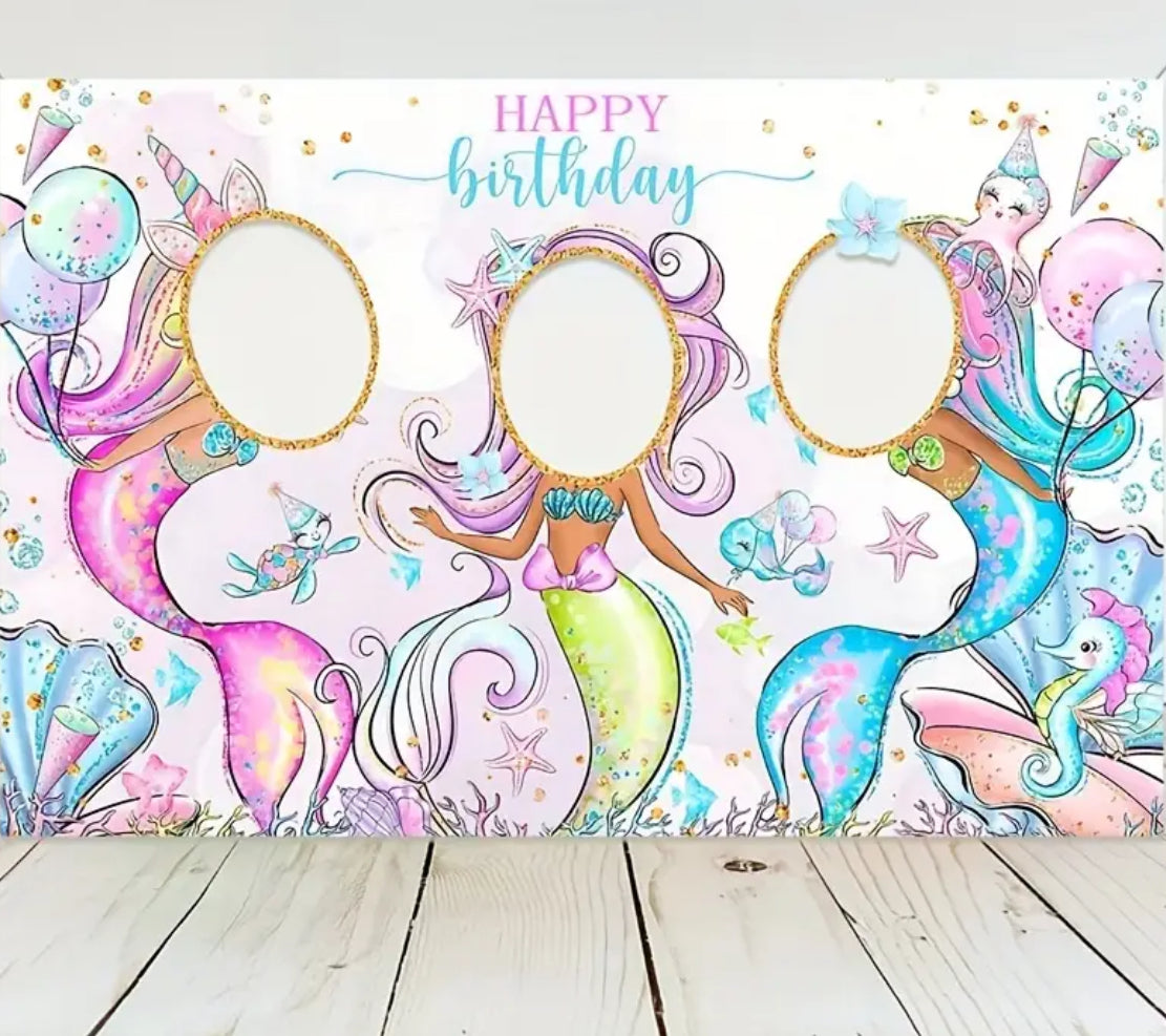 1pc, Happy Birthday Photo Frame, Mermaid Theme  Birthday Polyester Backdrop