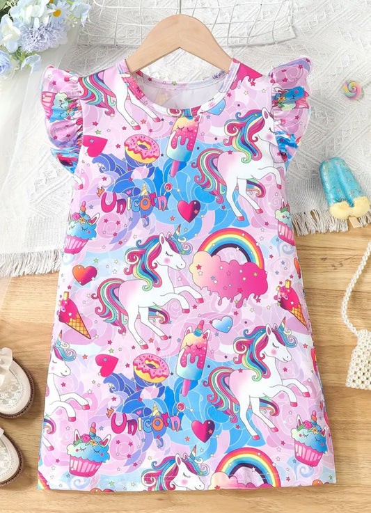 Girls Round Neck Cartoon Unicorn Nightgown