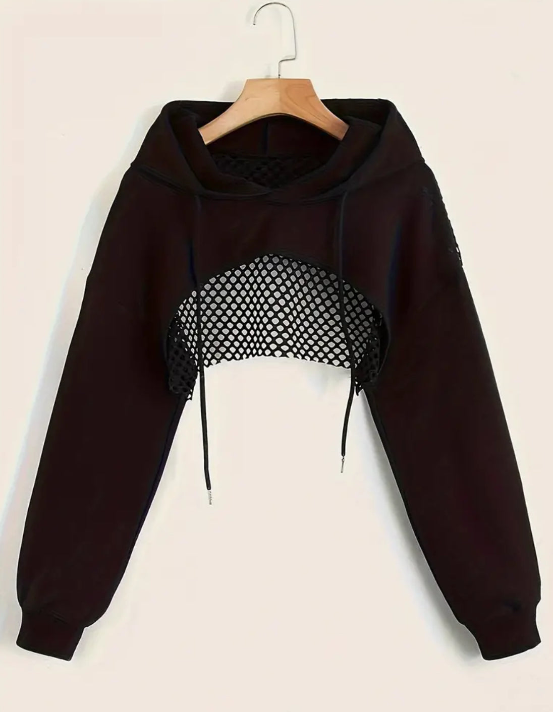 Soft Slight Stretch Contrast Mesh Details, Pullover Long Sleeve Hooded Crop Sweatshirt, Women’s/ Teens