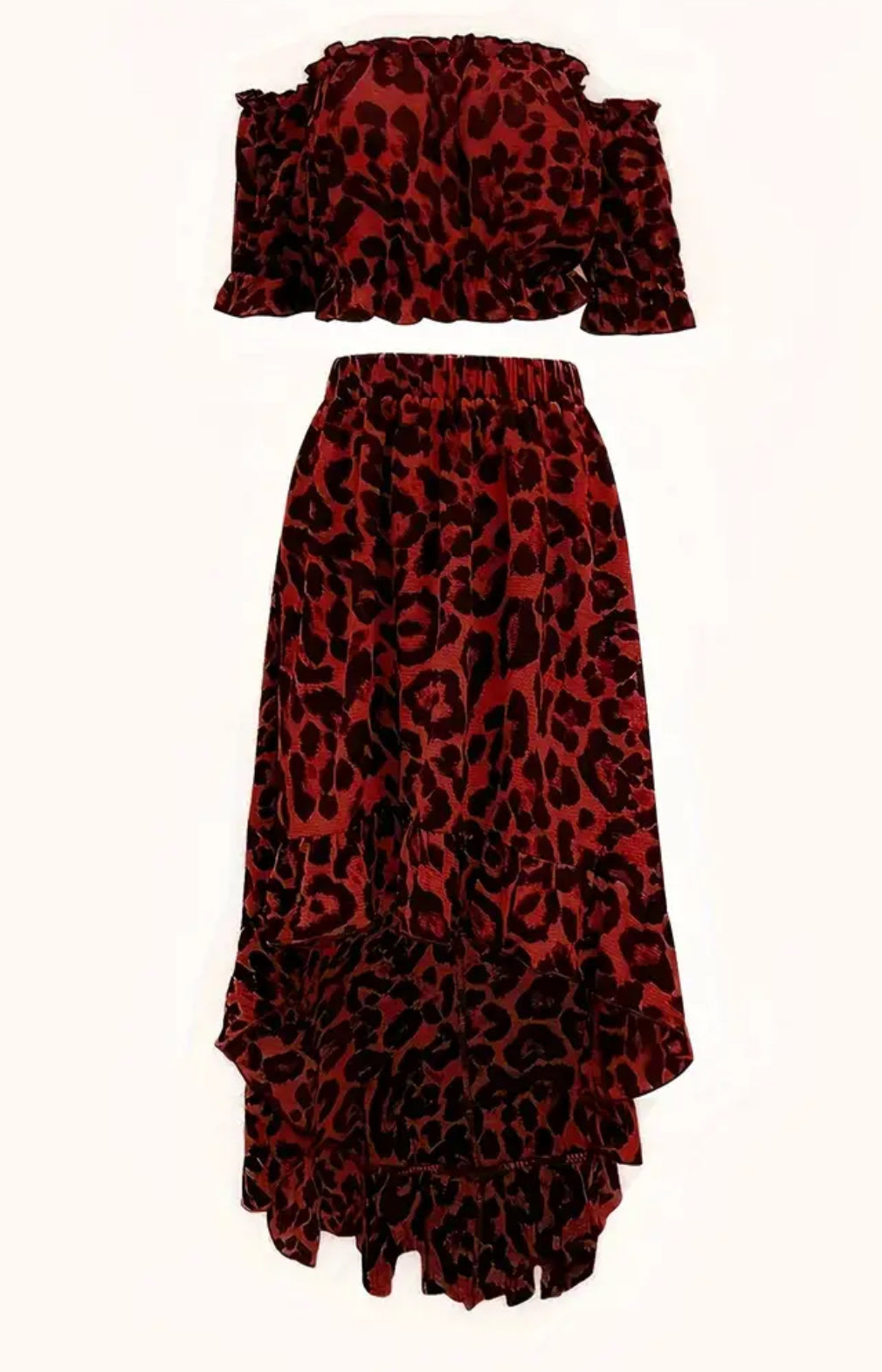 “Elegant Leopard” Two-piece Set, Off Shoulder Short Sleeve Top & Dipped Hem Skirts