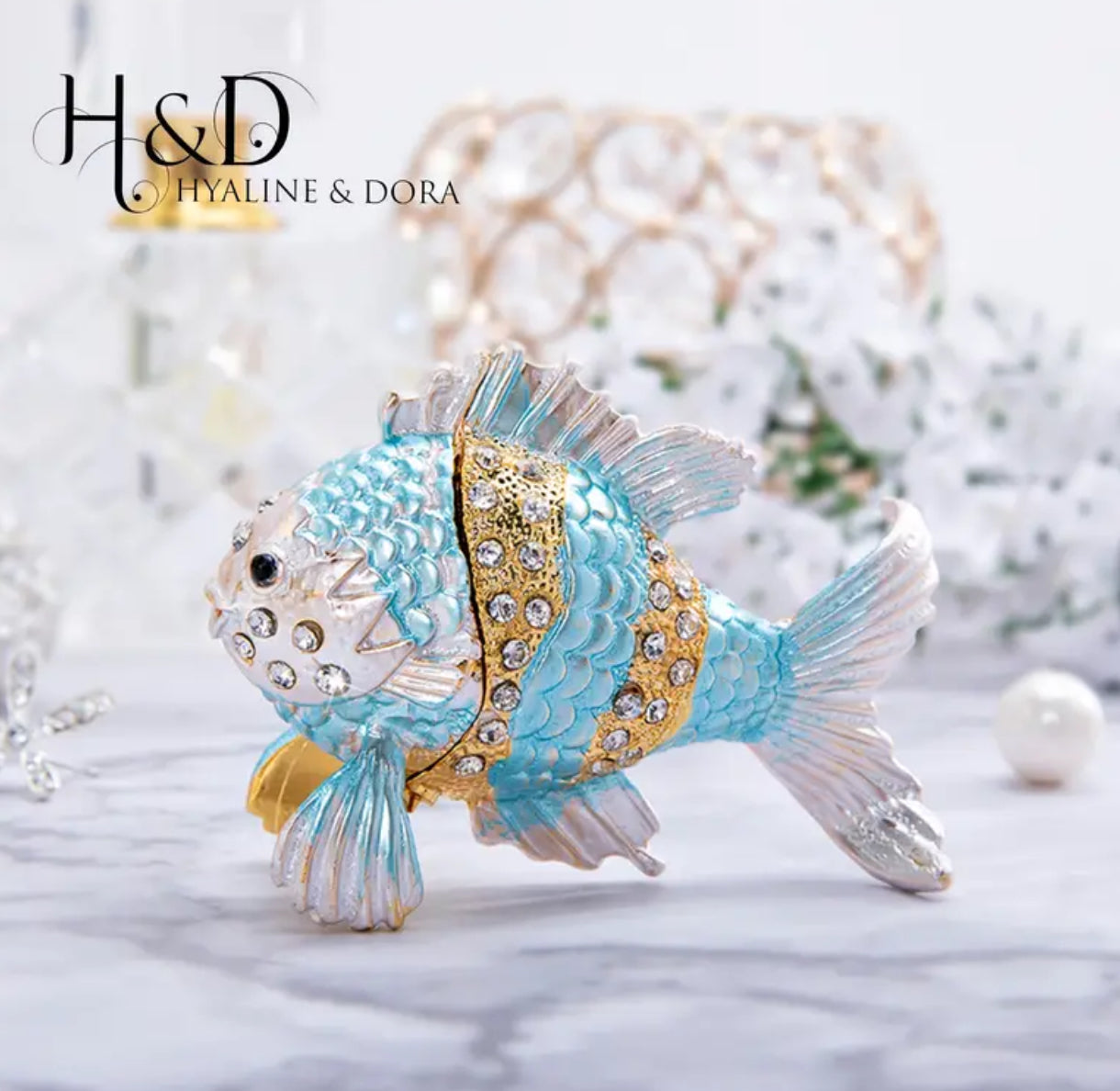 H&D HYALINE& DORA Hinged Enamel Hand Painted Sea Animal, Vintage Tropical Fish Trinket Ring Box