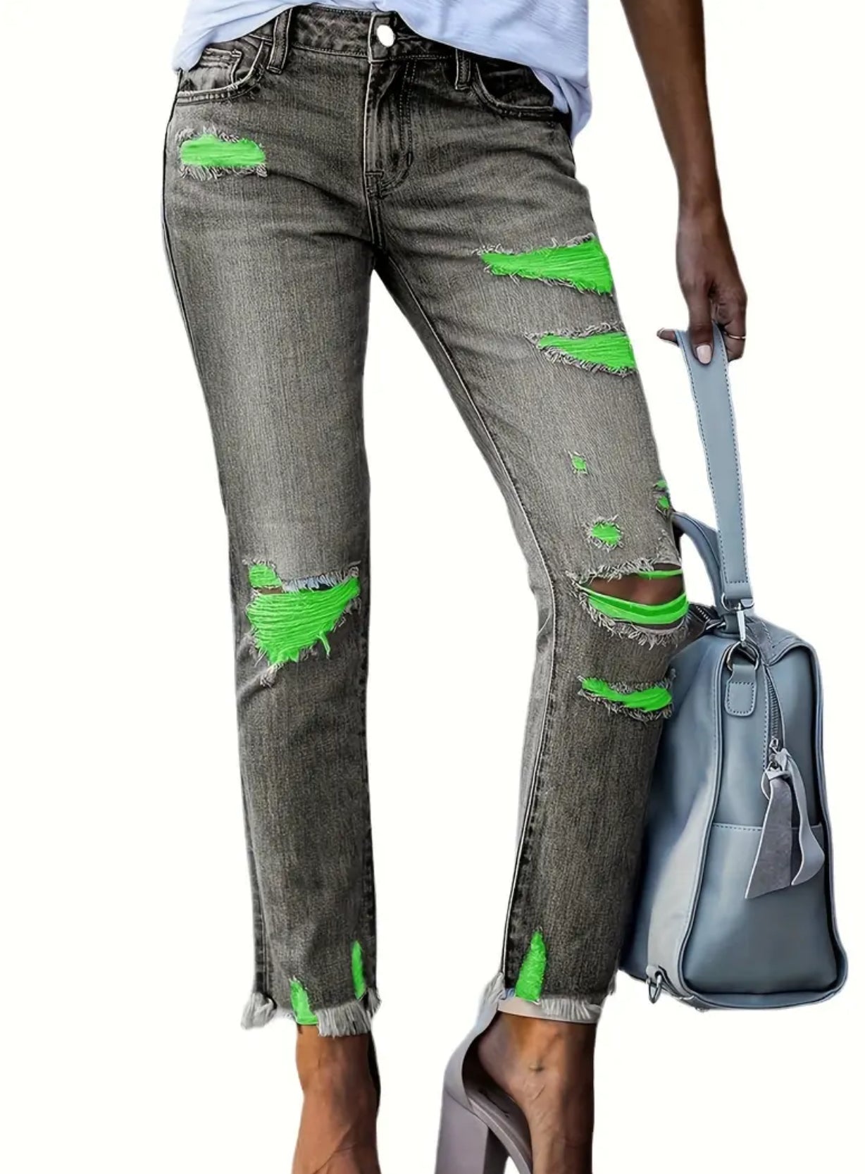 Streetwear, Gray Neon Green, Stretchy Denim Jeans, Skinny Fit, Distressed Ripped Patchwork