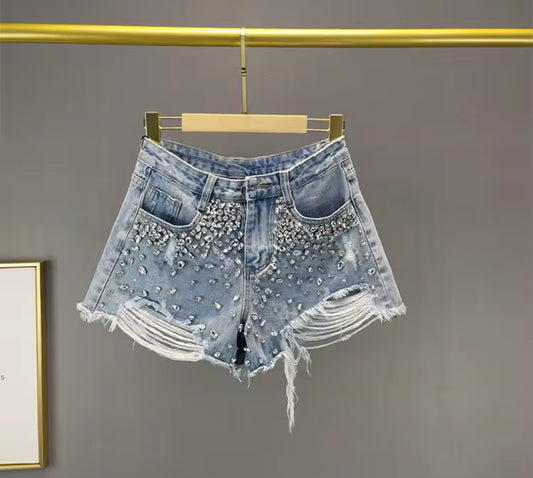 Ripped Wide Leg Rhinestone Denim Shorts | 3 Style Options