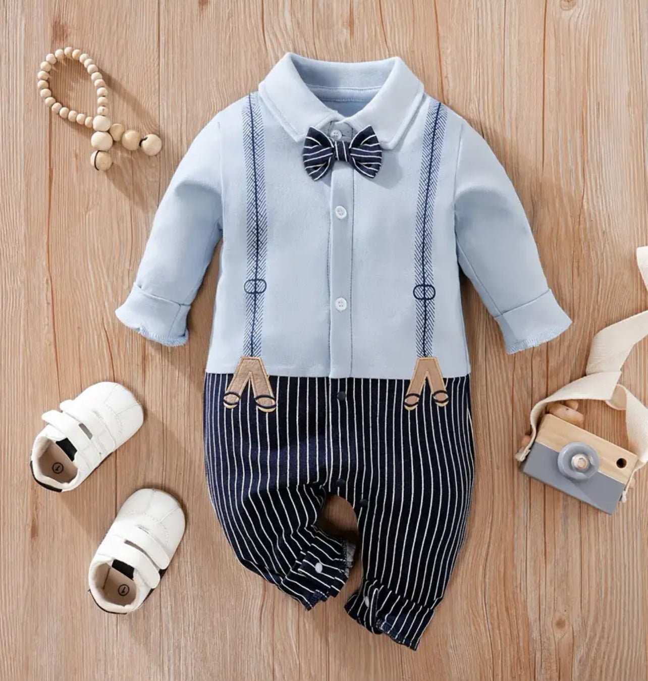 Baby Boys Cotton Stripe, Long Sleeve Bowtie Romper