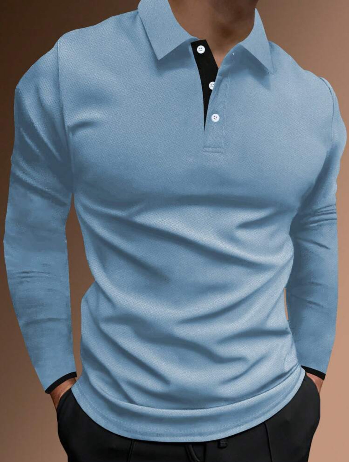 Men Contrast Trim | Long Sleeve Half Button Collar Casual Polo Shirt