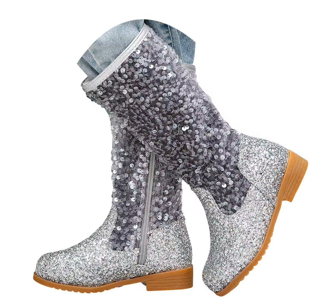 Sparkling Sequin Princess Boots - Cute, Fleece Lined, High Boots With Zip Closure