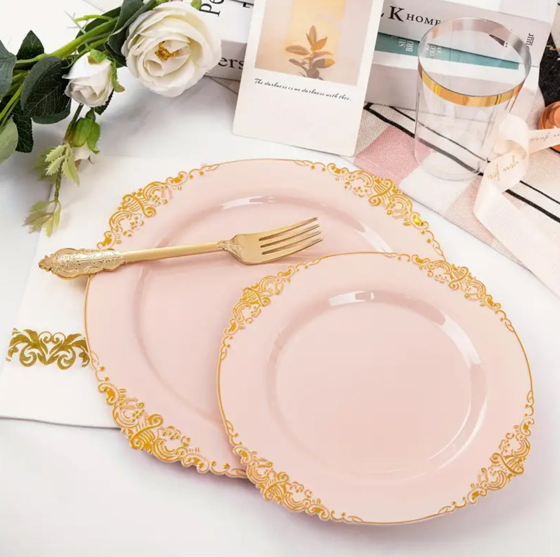 Pretty Pink and Gold Plastic Plates - Plastic Dinnerware Sets for 50 Guests, 350 pcs