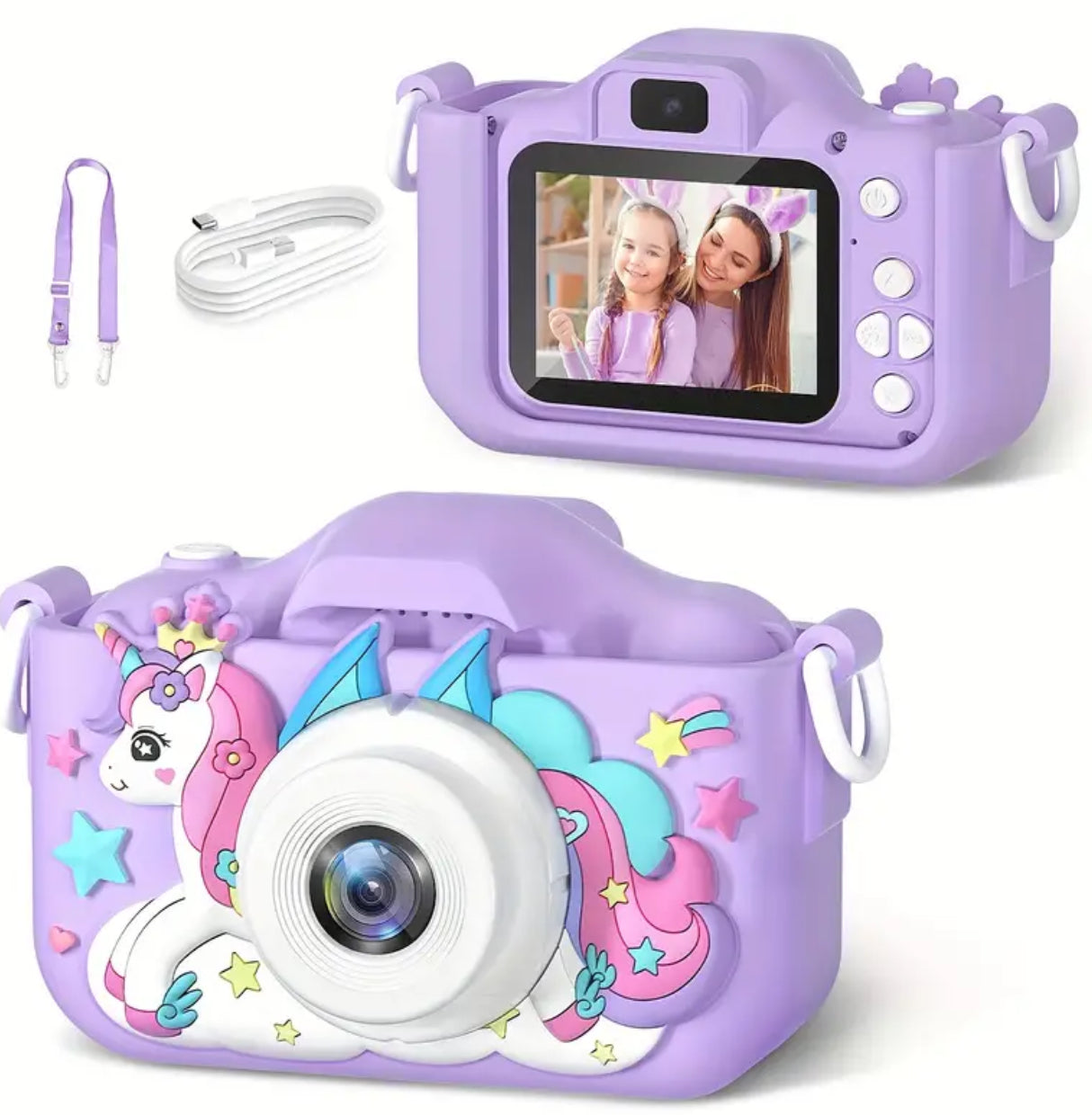 1 cámara HD Unicorn, adecuada para niños de 3 a 12 años, tarjeta de 32 GB