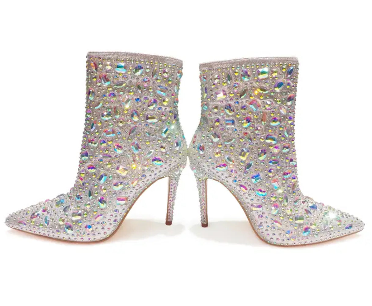 “Silvery Sparkling Rhinestone” Embellished Bootie - Mid High Heel, AB Rhinestones, Luxurious Design, Elegant Style