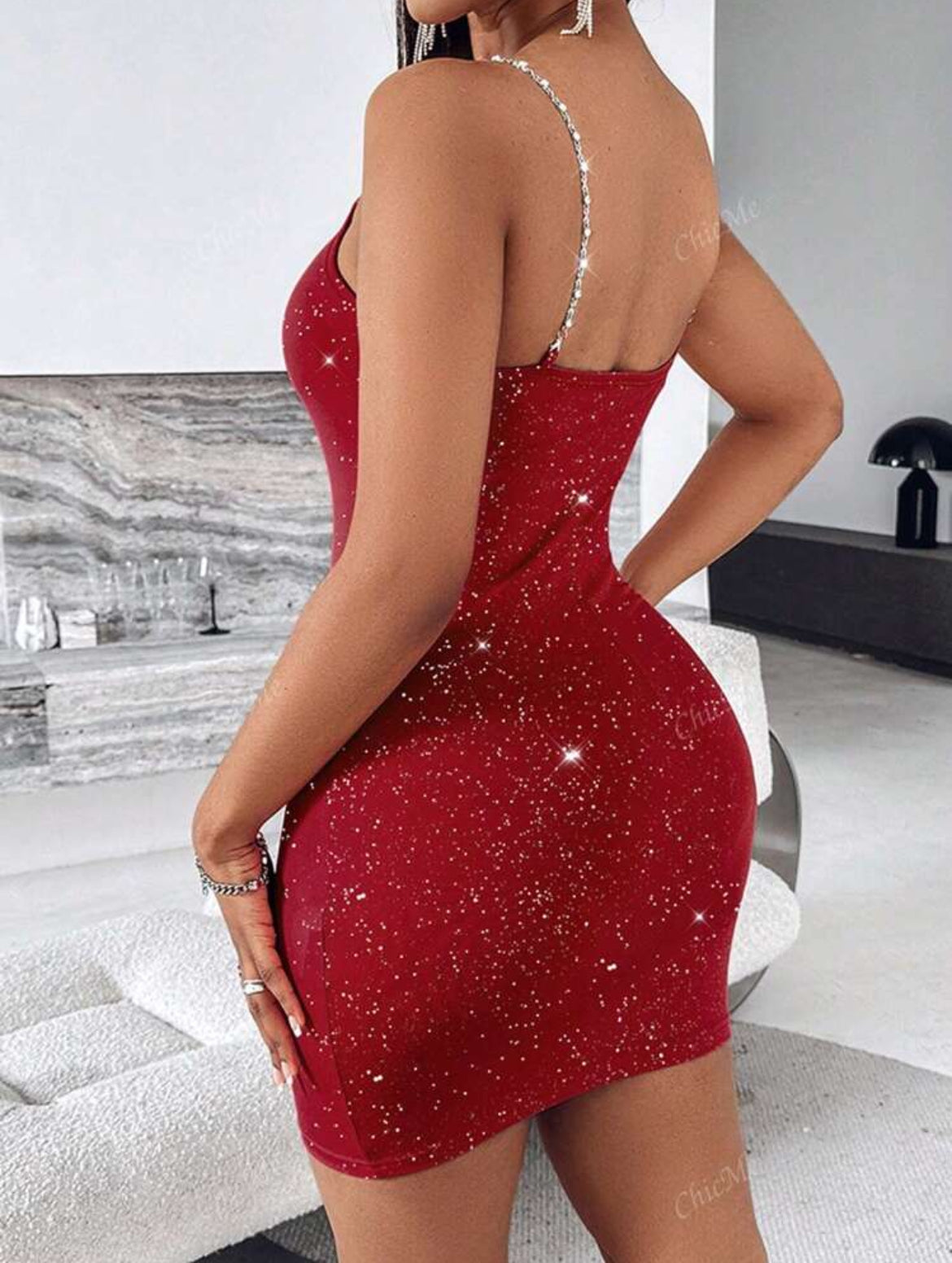 ‘Rhinestone Chain’ Strap Glitter Women’s Bodycon Dress