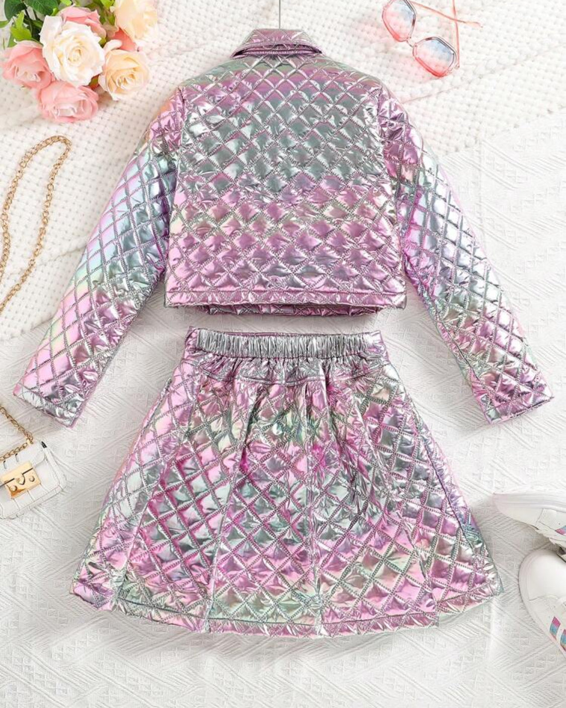 Girls Gradient Metallic Jacket & Mini Skirt