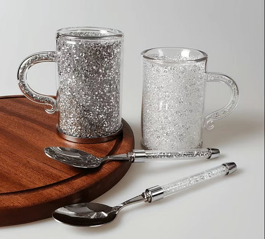 Juego de taza y cuchara para café de cristal con brillantes diamantes de imitación, 1 taza + 1 cuchara