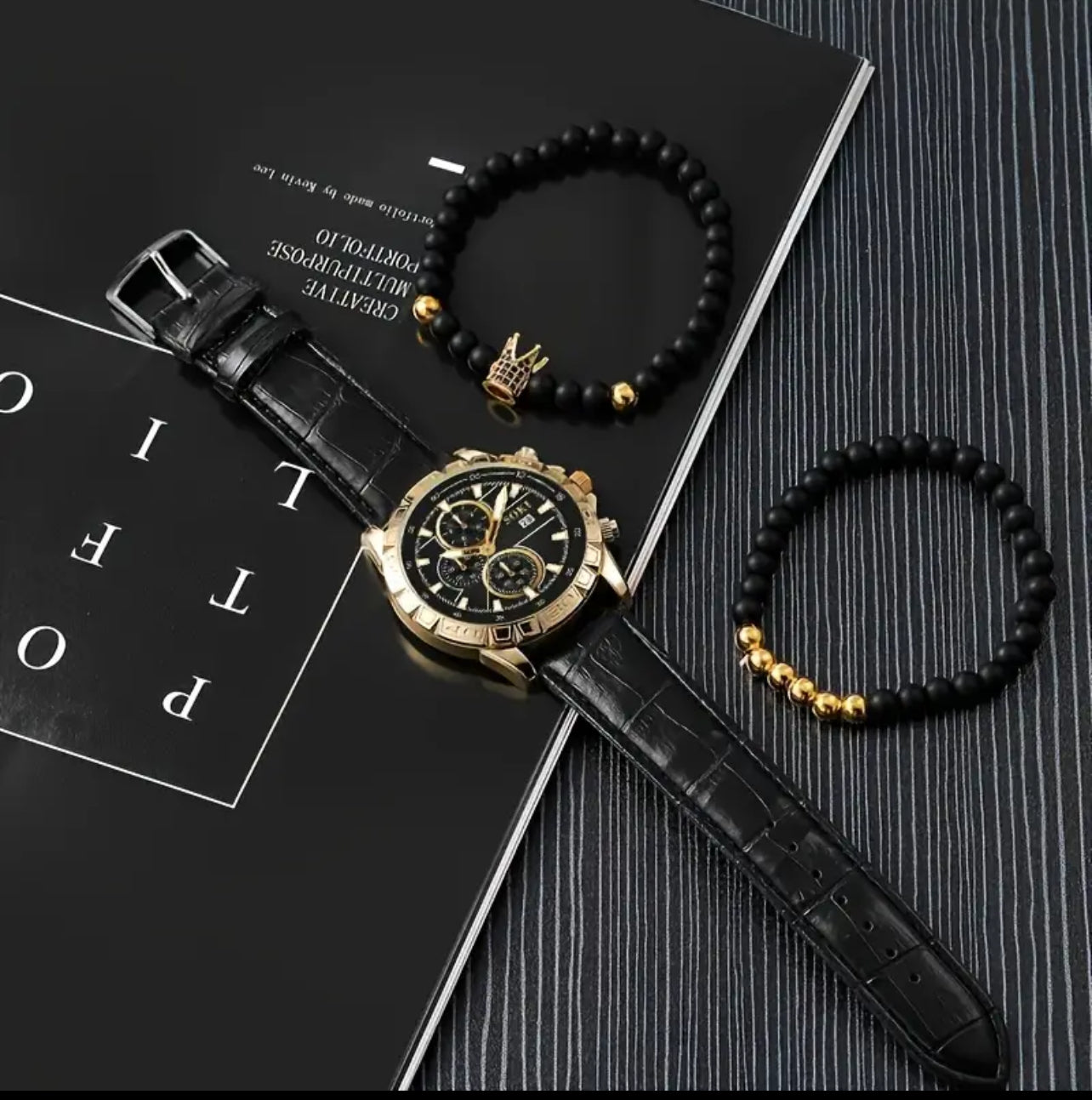 Noir King, 1pc Men's Calendar Quartz Luminous Watch & 2pcs Bracelet (Watch Set) Sugar Daddy 🎩 Collection