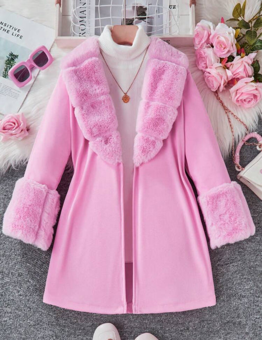 “Tween in Pink” Girls Vintage Warm, Faux Fur Coat, For Fall & Spring