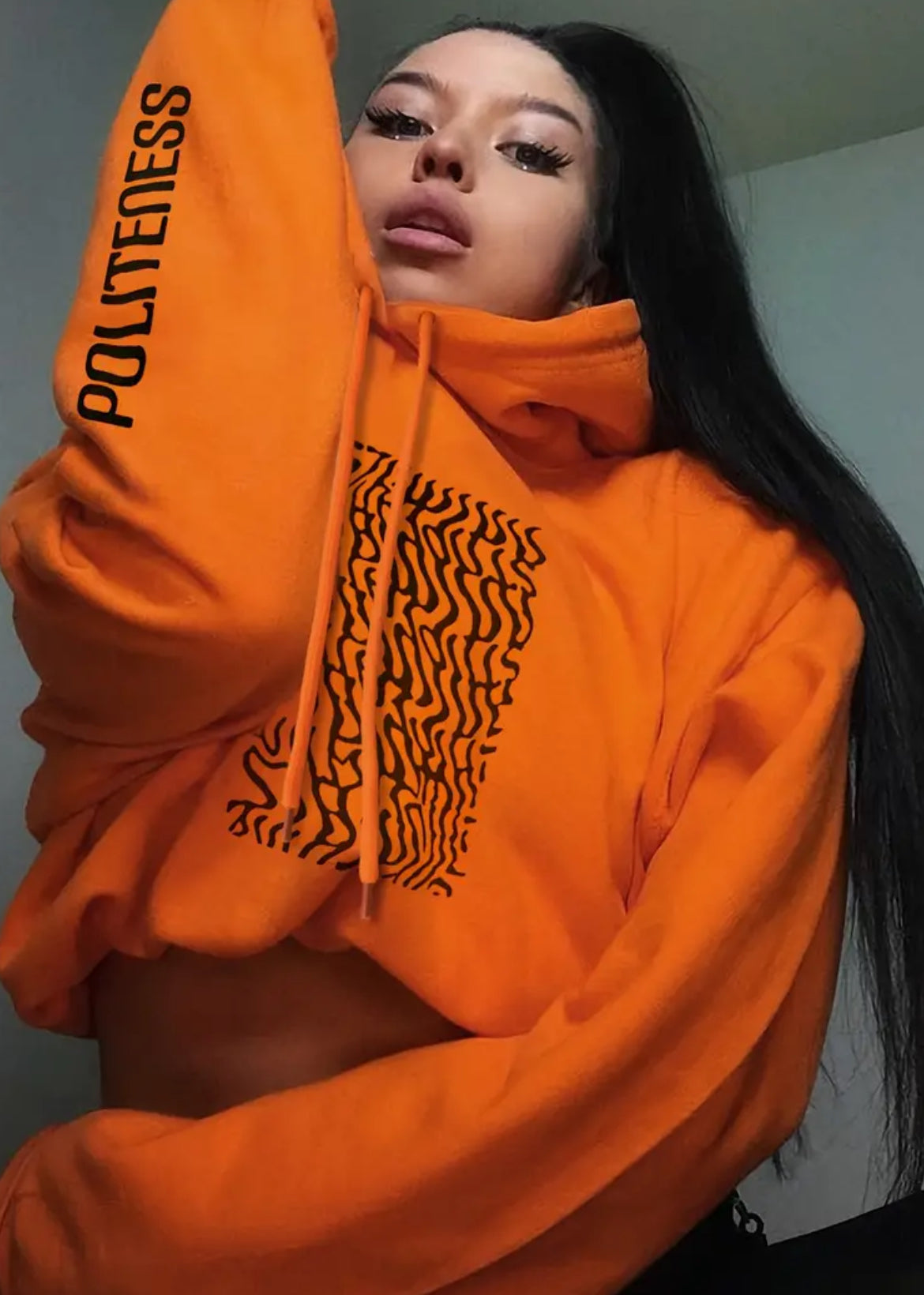 “Politeness” Orange Casual Long Sleeve Hooded Sweatshirt, Drawstring