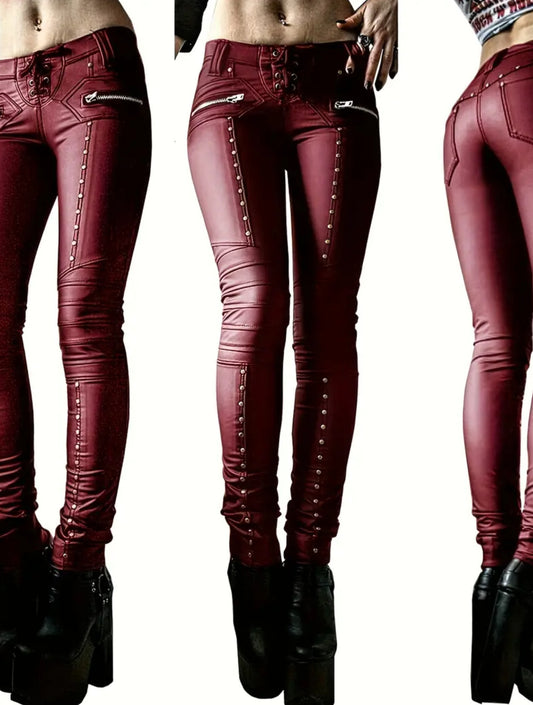 Women's “Gothic Punk Rock Club” Leggings, Faux Leather, Lace Up Skinny