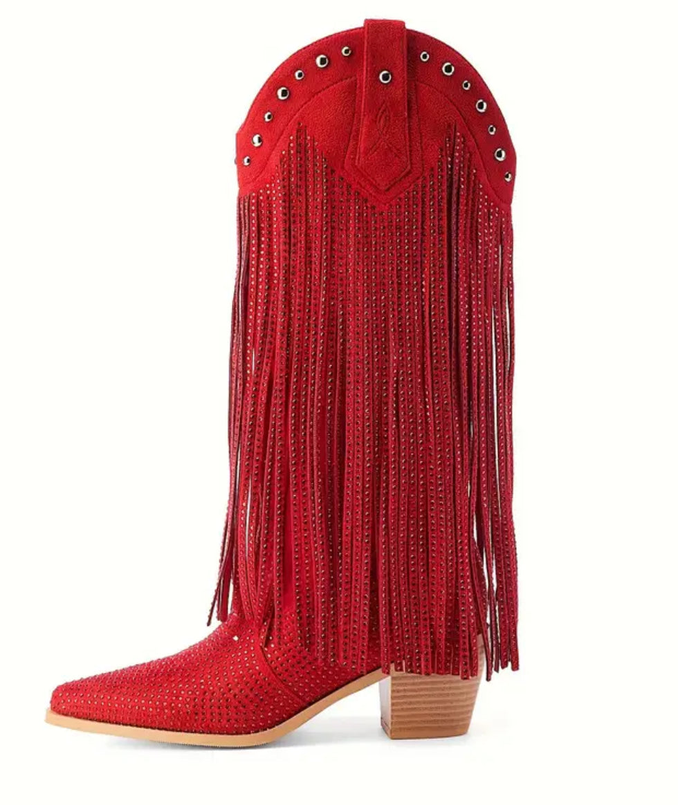 “Lady In Red” Fringe- High Mid Calf, Rhinestone , Pointed Toe Chunky Middle Heel, Sparkly Western Cowgirl Boots For Women