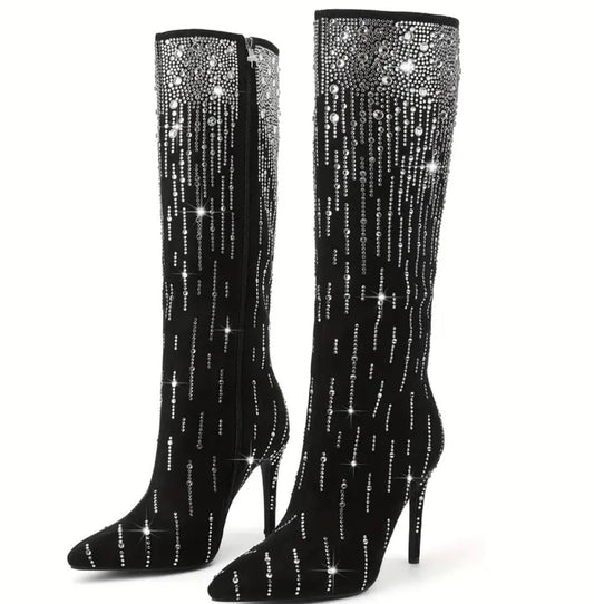 “Black Suede” Glitter Rhinestone, Pull On Zipper Stiletto High Heel Pointed Western Cowgirl Knee High Tall Boot