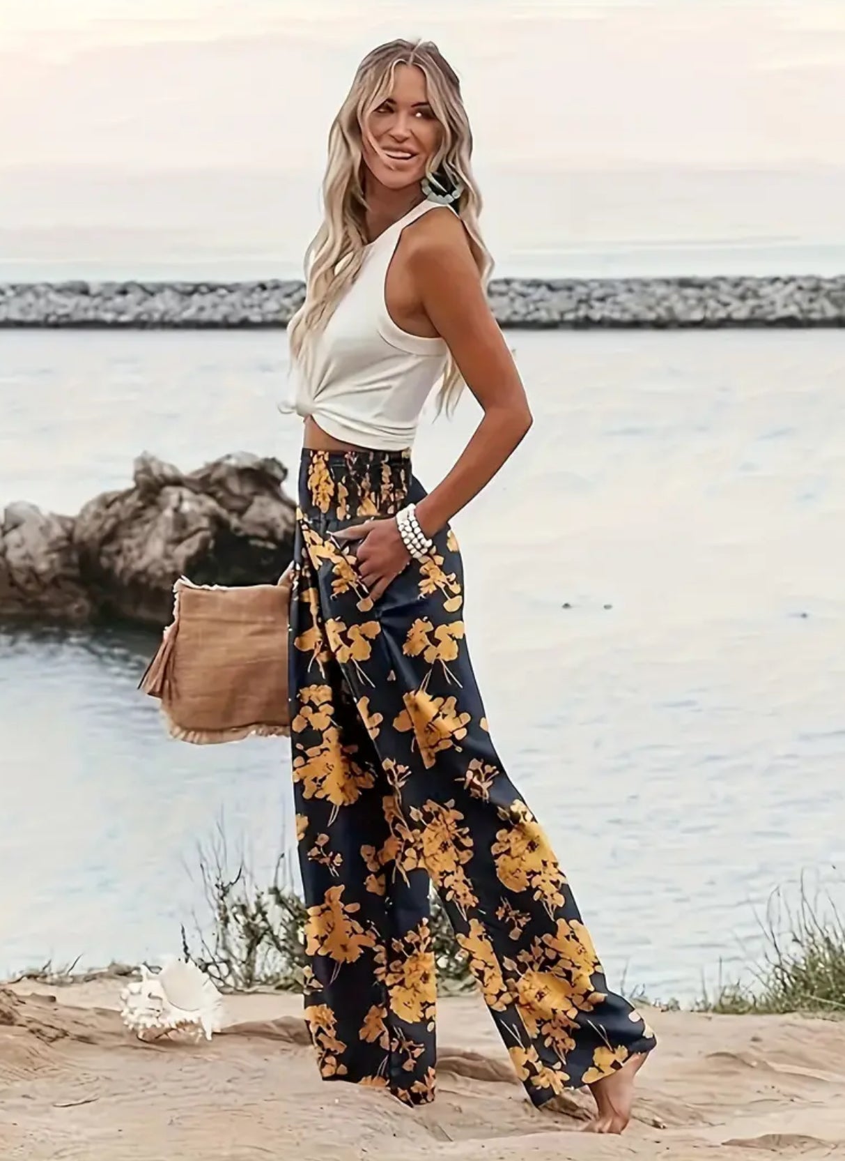 Vibrant Floral Wide Leg Pants - Shirred Waist, Loose Fit