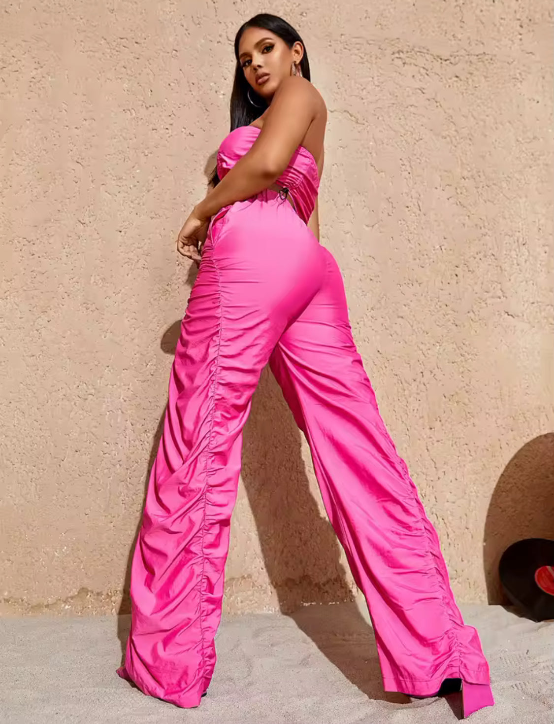 Hot Pink 2 Pc Set | Crop Top + Ruched Elastic Waist Wide Leg Cargo Pants