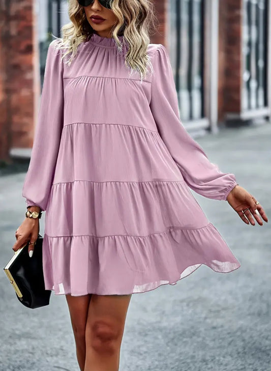 Lavender Dreams, Elegant Long Sleeve Ruffle Hem Dress