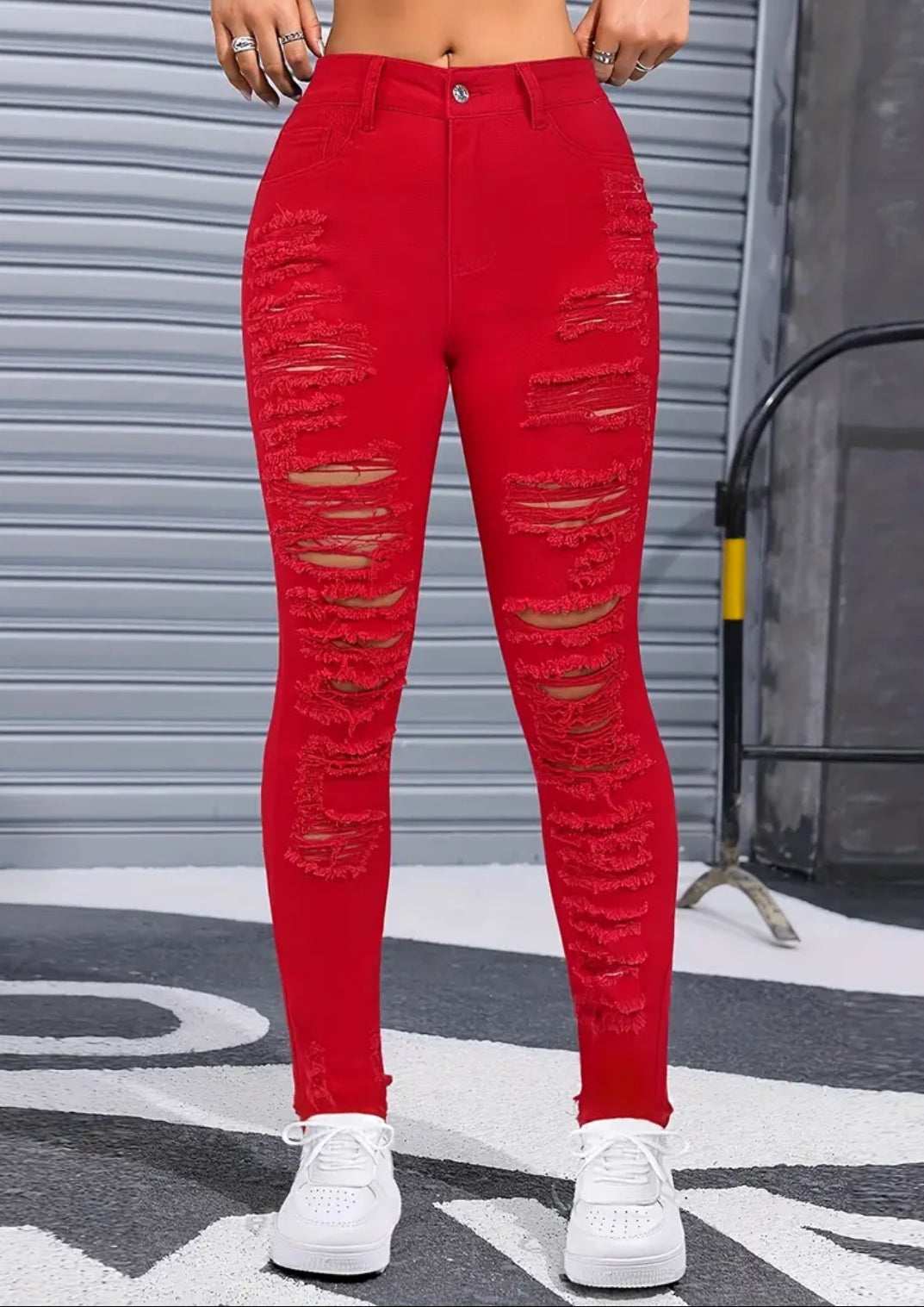 Distressed Red Sexy Zipper Button Closure, Ripped Women's Denim Jeans