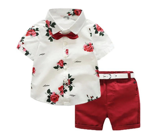 Boy Gentleman’s, 2PCS Set, Short Sleeve Single Breasted Bow Shirts+Sash Shorts Bottoms