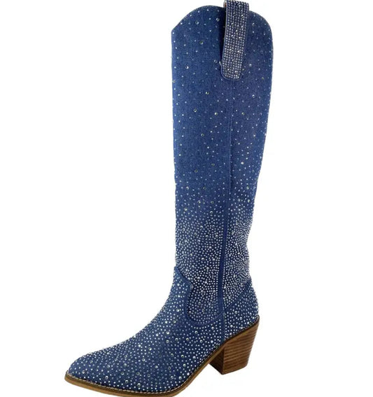 Botines hasta la rodilla estilo vaquero occidental para mujer de ARiderGirl Shine, con puntera de almendra adornada con diamantes de imitación y cremallera lateral, botas de tacón apilado de cuero