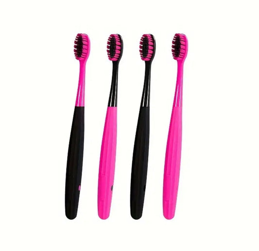 Toothbrush Set: 4 Packs of Soft Bristles High-Quality Black and Hot Pink Pink