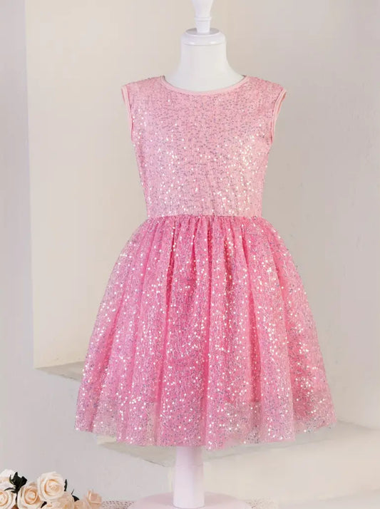 Hermoso vestido de lentejuelas superpuestas para niñas, vestido de fiesta sin mangas de malla