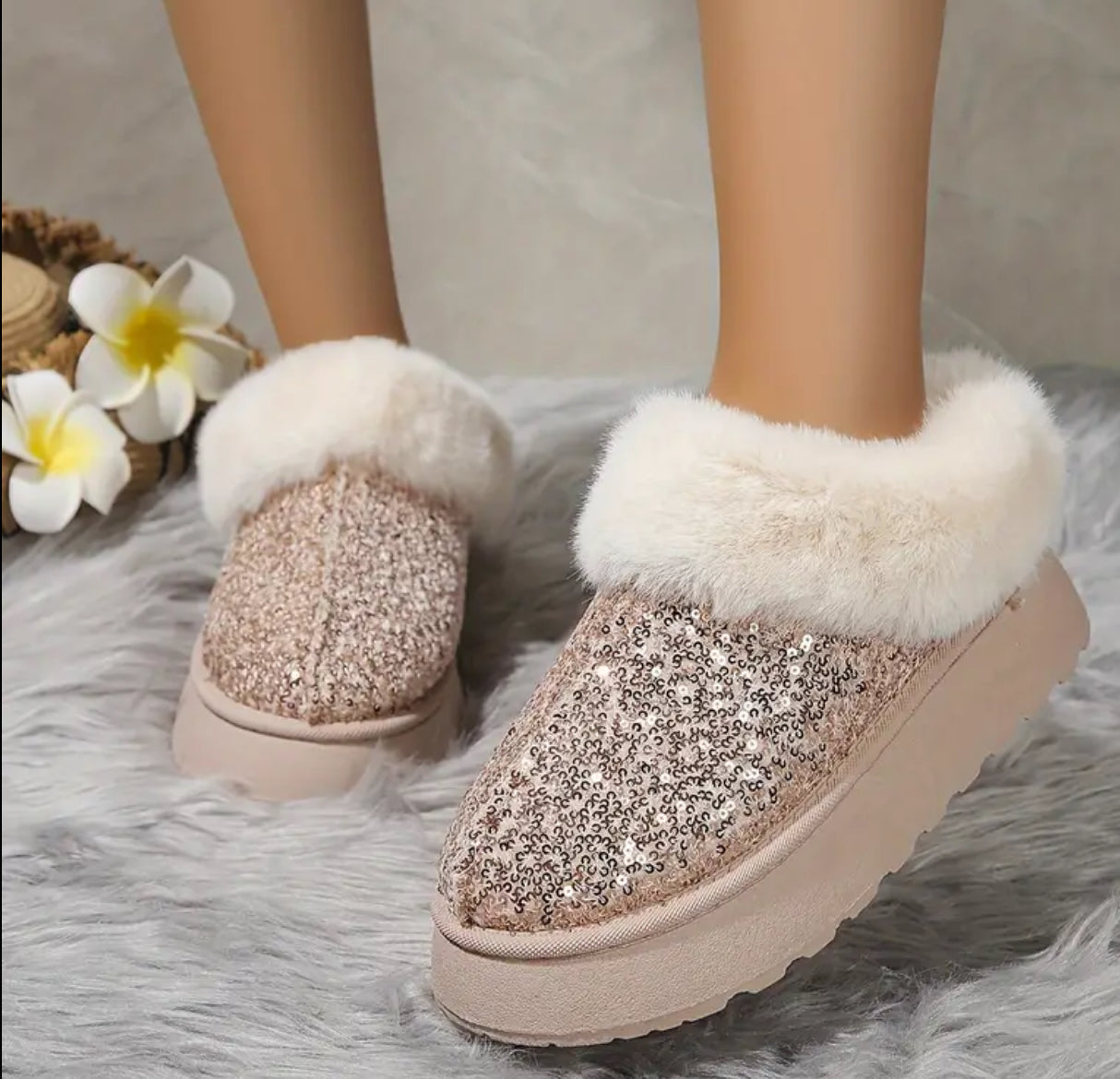 Women's Sequin Fur Lined Winter Warm Slip-On, In Door-Outdoor Slippers