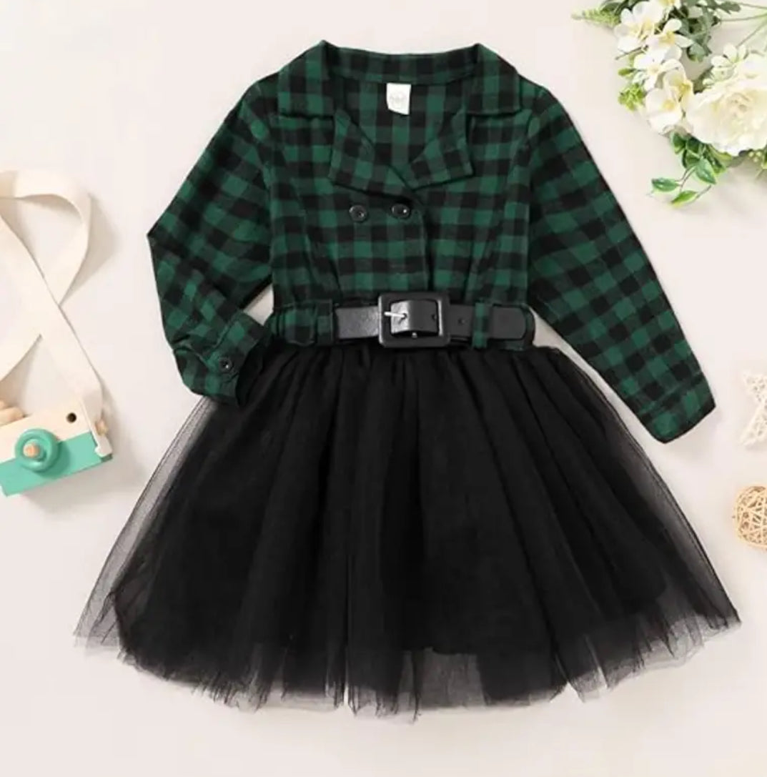 Party “Tulle Tutu” Skirt Dresses, Plaid Long Sleeve