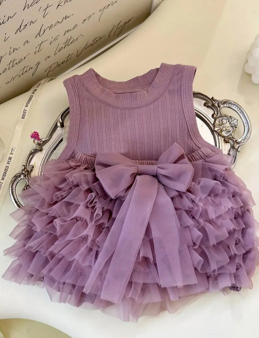 “Lilac” Ribbed Top, Bow Accent + Multi-Layer Mesh Tutu Skirt, 2-Piece