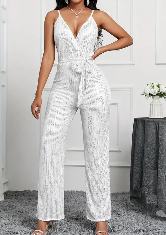 Sequined Belt Jumpsuit, Elegant & Chic, Deep V-neck